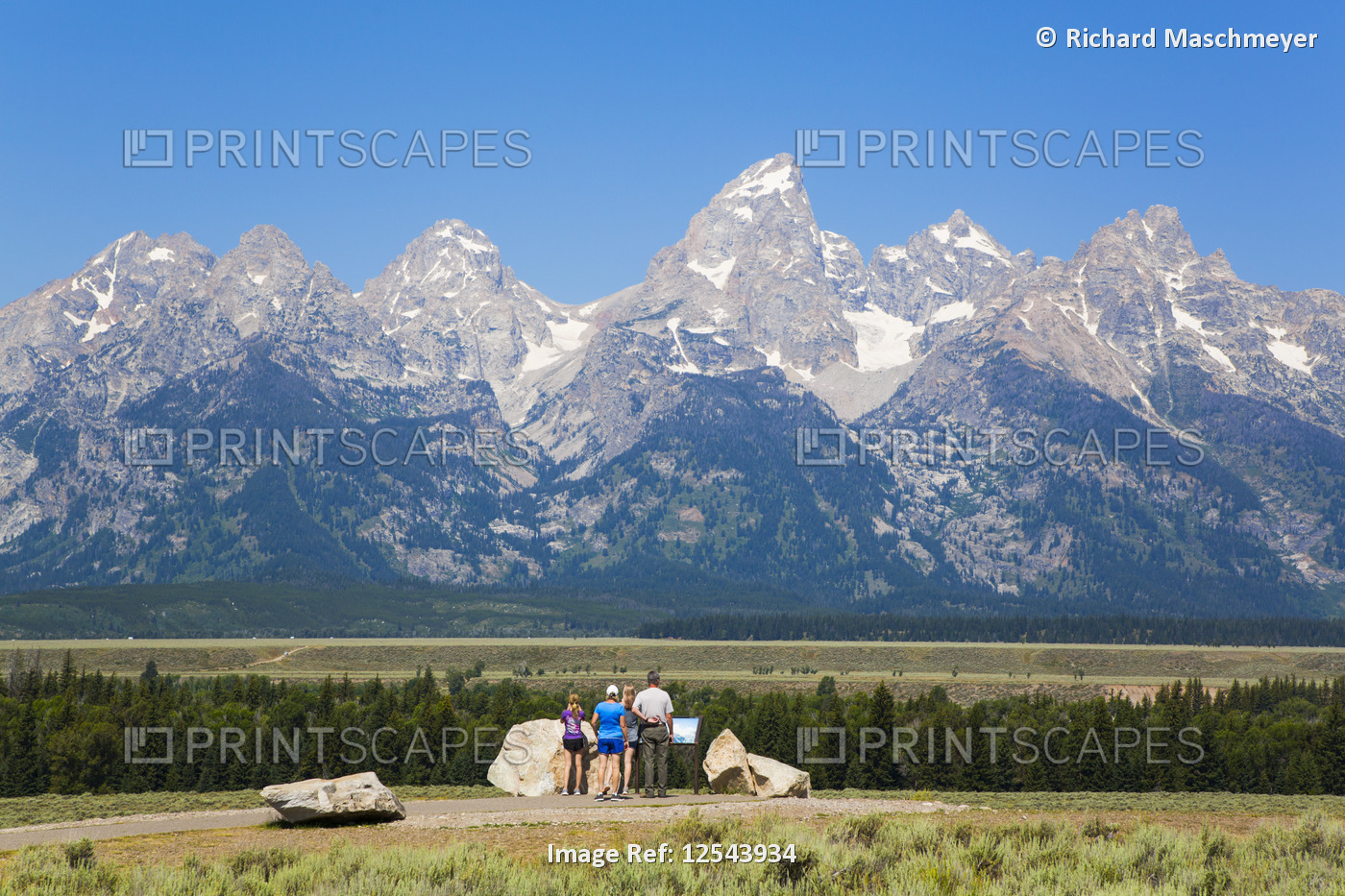 Tourists at viewpoint, Teton Range, Grand Teton National Park, Wyoming, United ...
