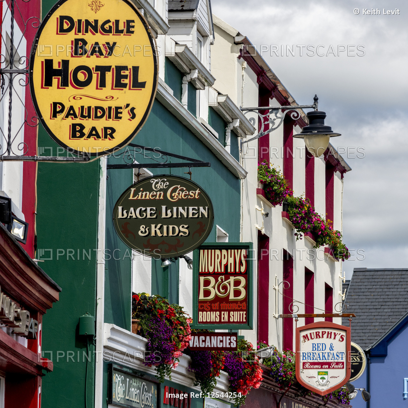 Retail signs mounted in a row on buildings in an Irish town; The Colony, County ...