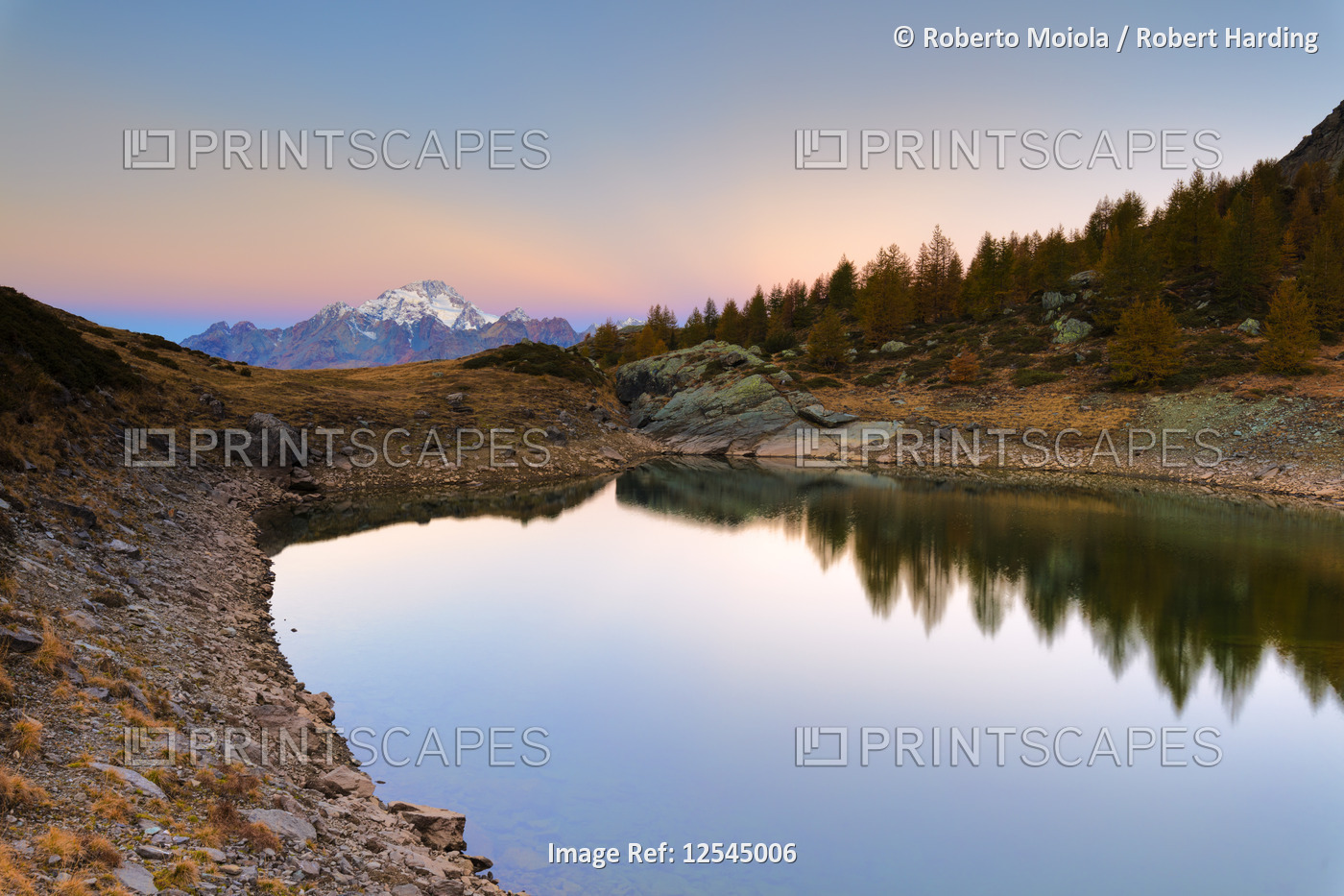 Autumnal sunrise on Monte Disgrazia and Lakes of Campagneda, Valmalenco, Valtellina, Sondrio provinc