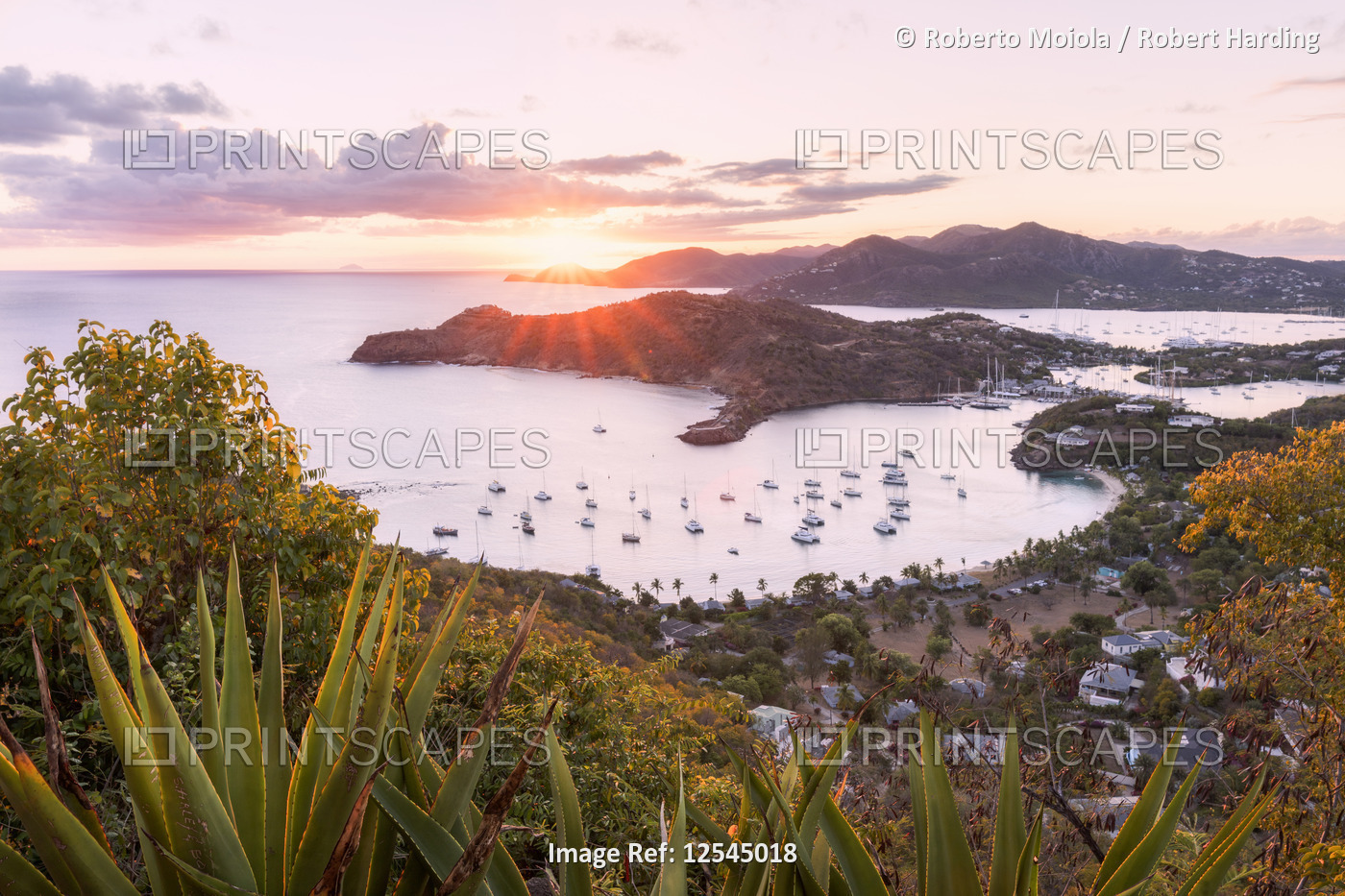 Overview of English Harbor from Shirley Heights at sunset, Antigua, Antigua and Barbuda, Leeward Isl
