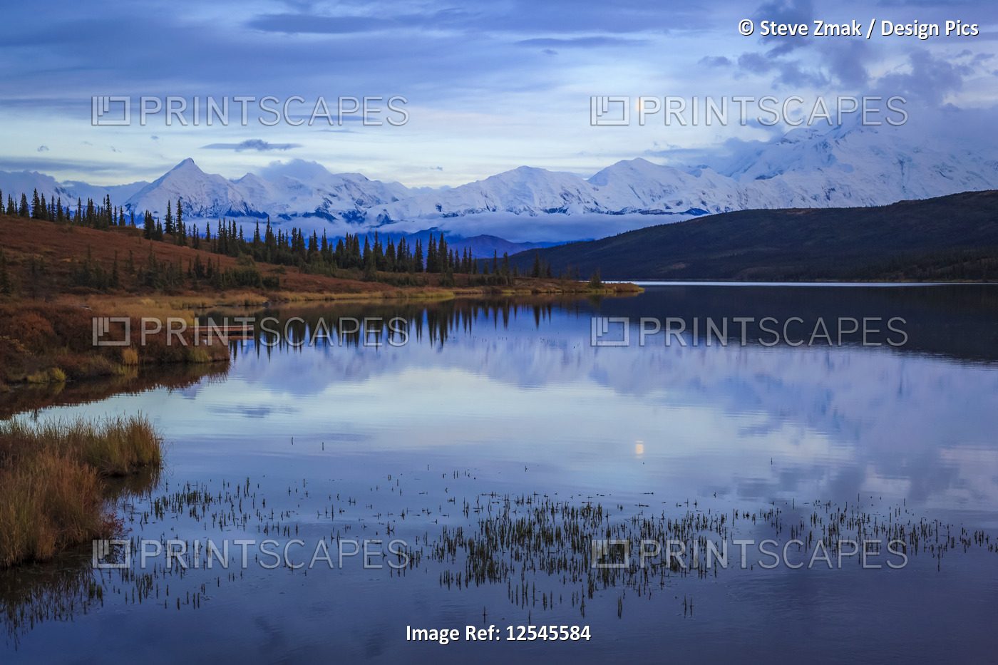 Moonrise over the Alaska Mountain Range with Denali on the right and Brooks on ...