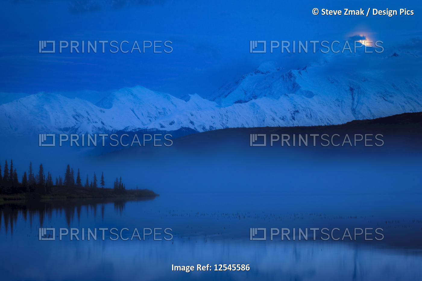 Scenic view of the moonset over Denali from Wonder Lake, Denali National Park ...