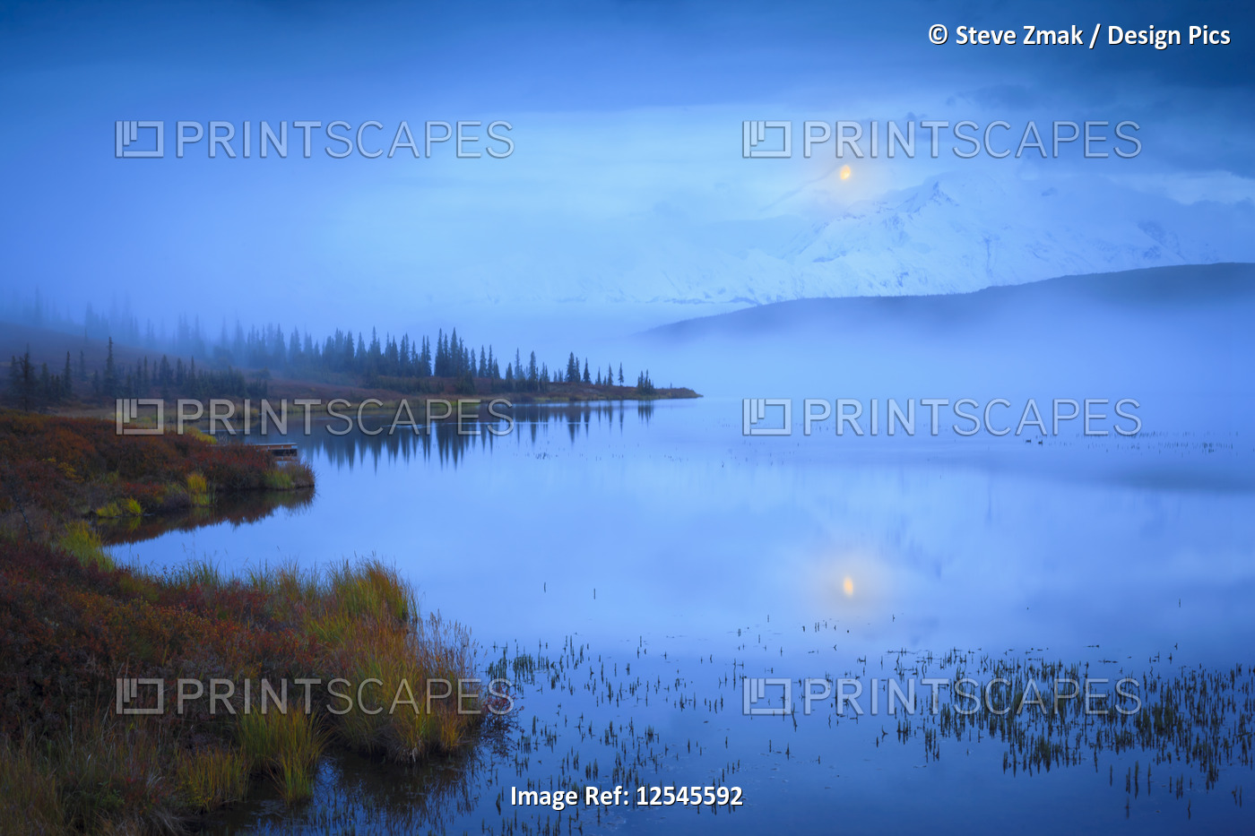 Scenic view of the moonset over Denali from Wonder Lake, Denali National Park ...