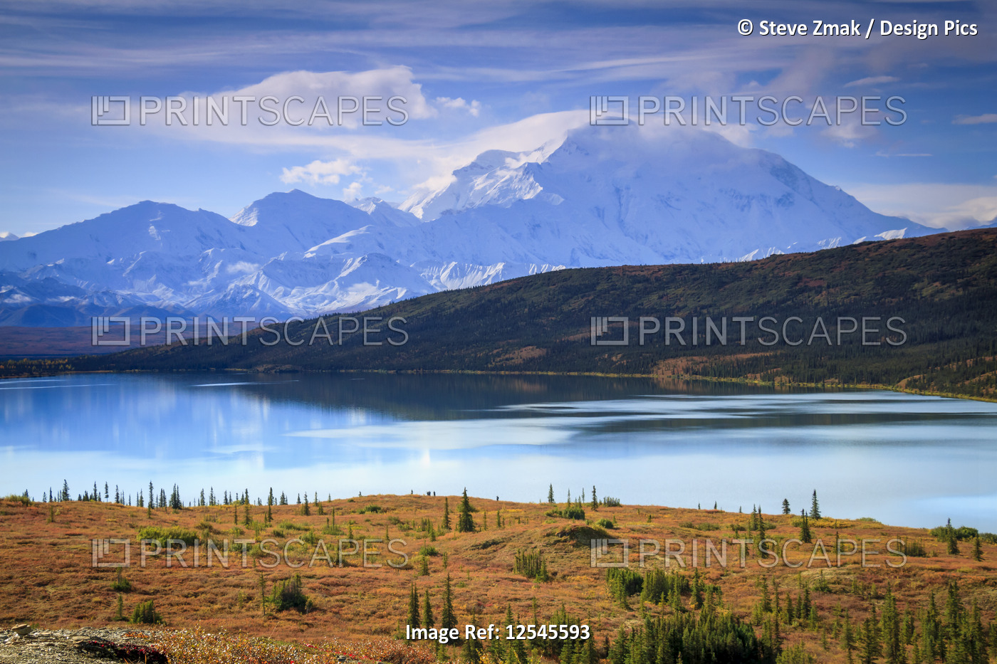 Denali and the Alaska Mountain Range with Wonder Lake in the foreground from ...