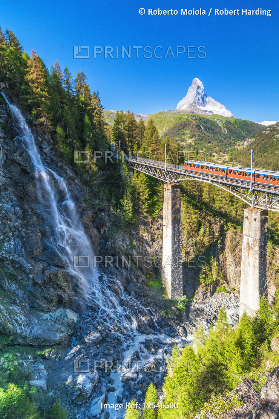 Gornergrat Bahn train on viaduct with Matterhorn on background, Zermatt, canton of Valais, Switzerla