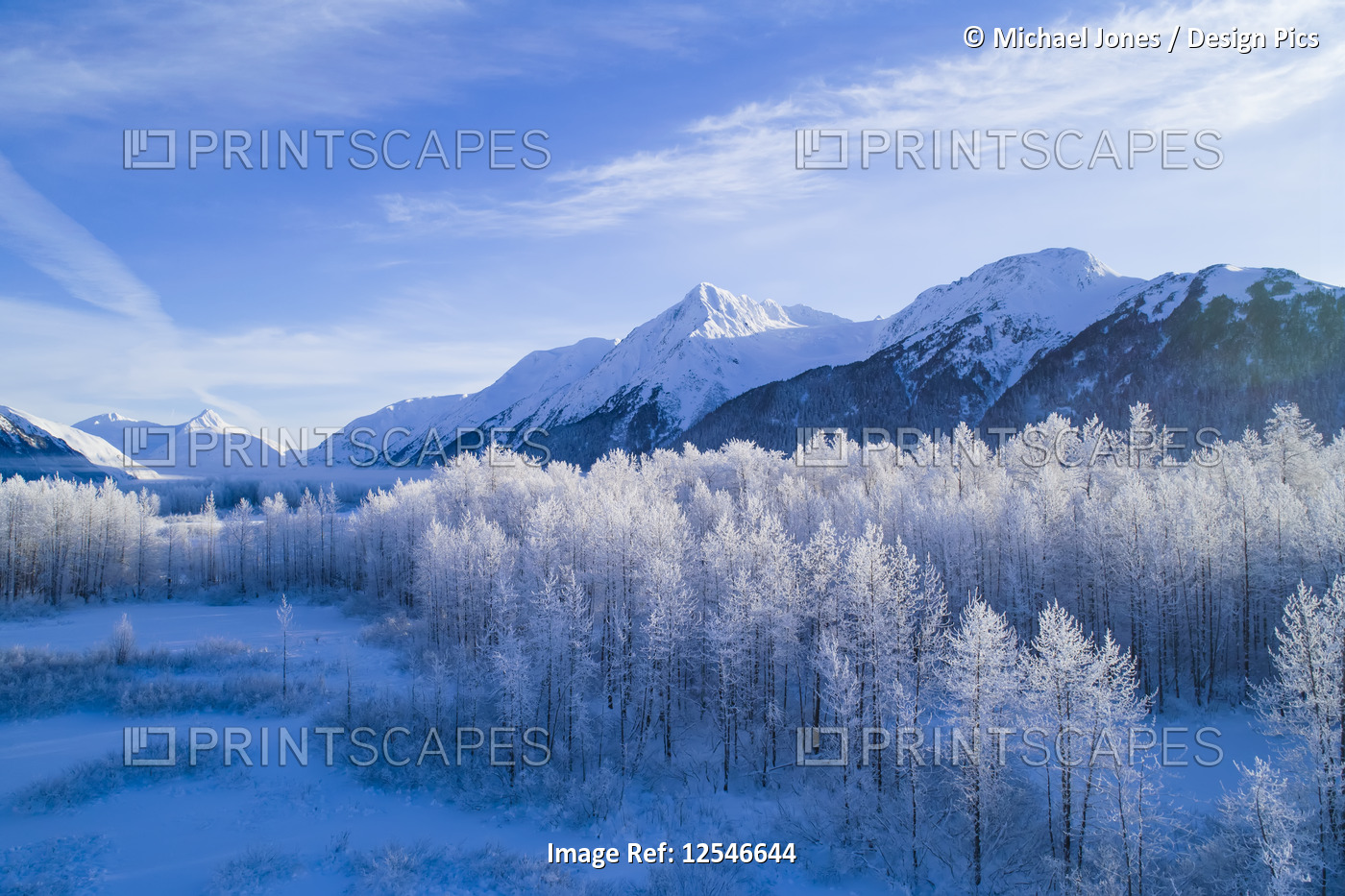 Winter scenic of mountains peaks and valley in Alaska, Portage Valley in ...