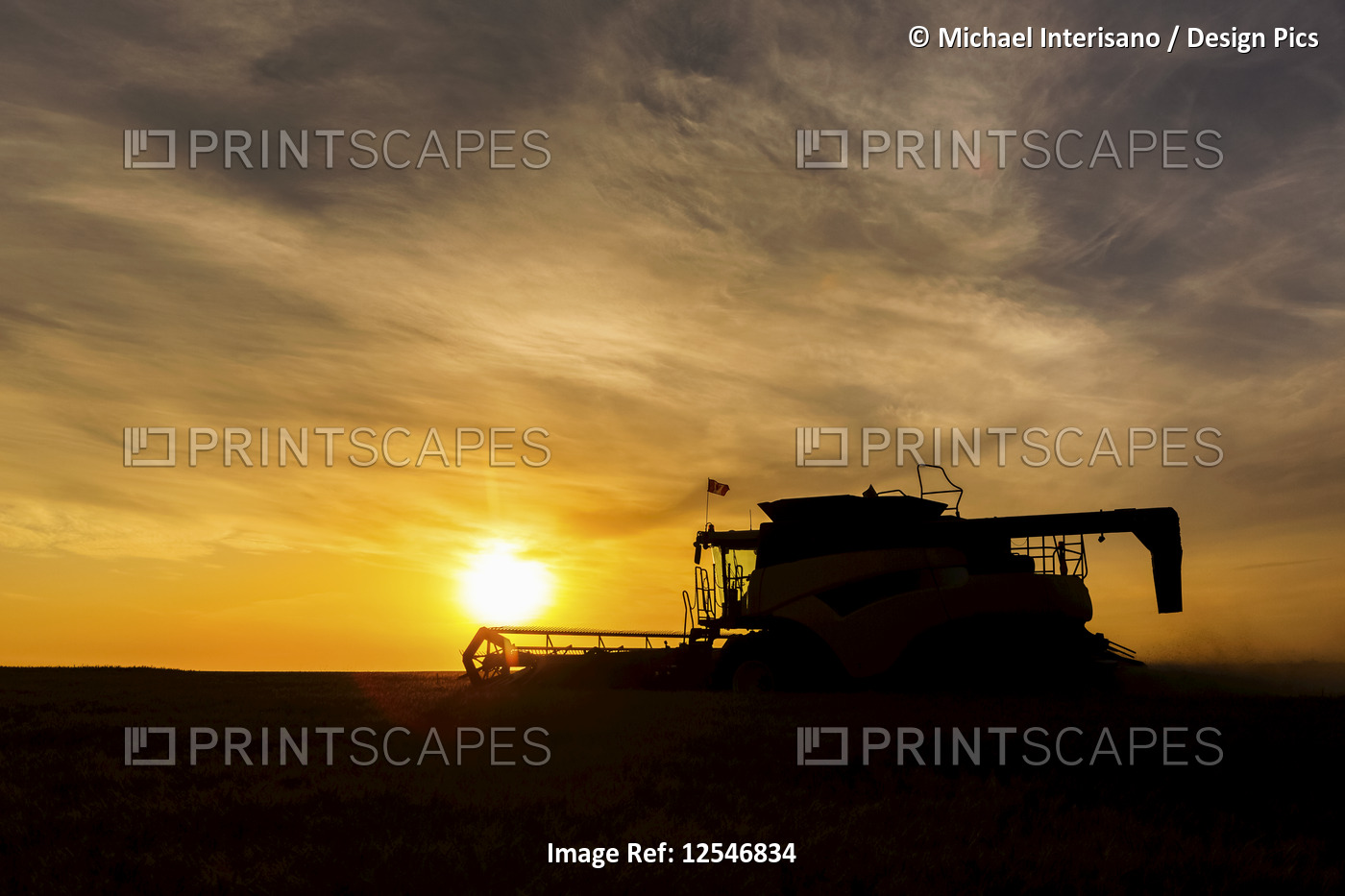 Silhouette of a combine harvesting with a dramatic warm glowing sky at sunset; ...