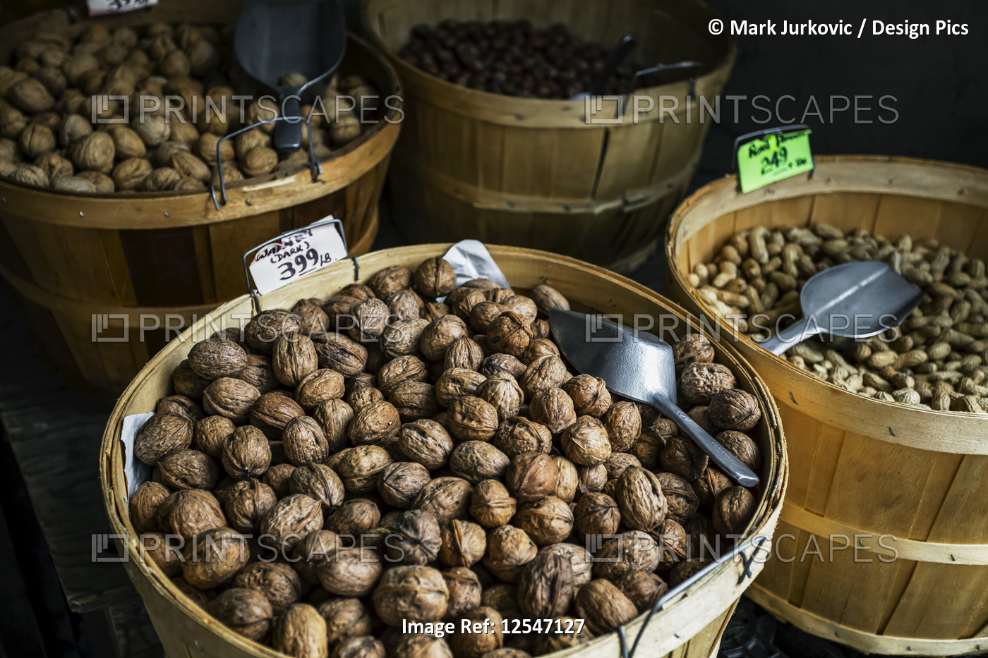 Walnuts at a market in baskets; Toronto, Ontario, Canada