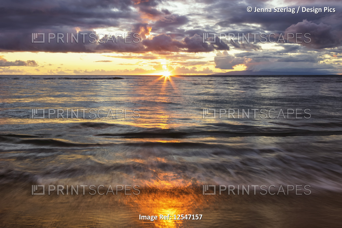 Beach Sunset with Soft Water, Kihei, Maui, Hawaii USA