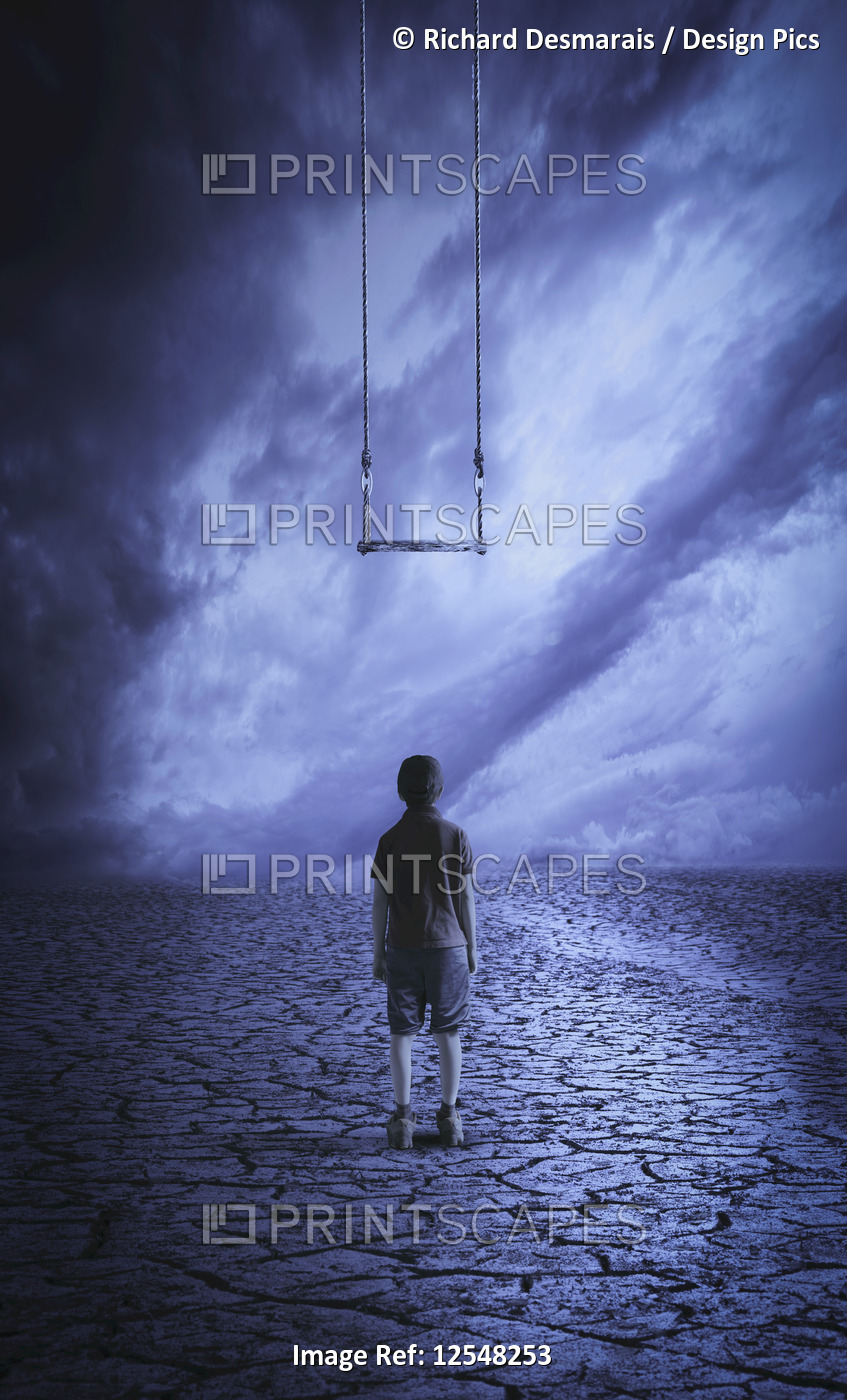 A boy stands looking up at a swing that he is too short to reach, composite ...