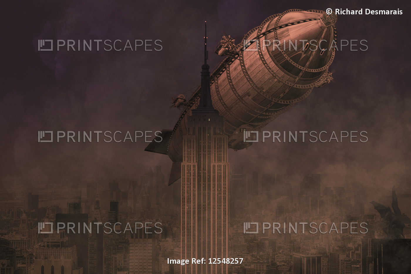 A rigid airship flies by the Empire State Building, ready to collide, composite ...