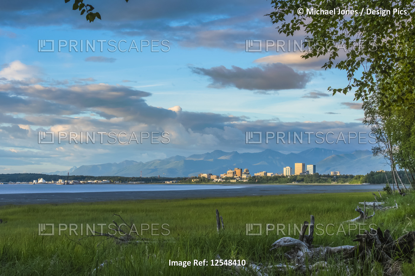 The city of Anchorage skyline as seen from Earthquake Park on a cloudy summer's ...