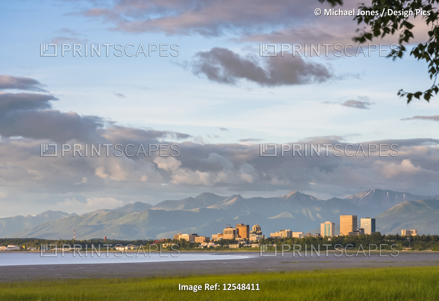 The city of Anchorage skyline as seen from Earthquake Park on a cloudy summer's ...
