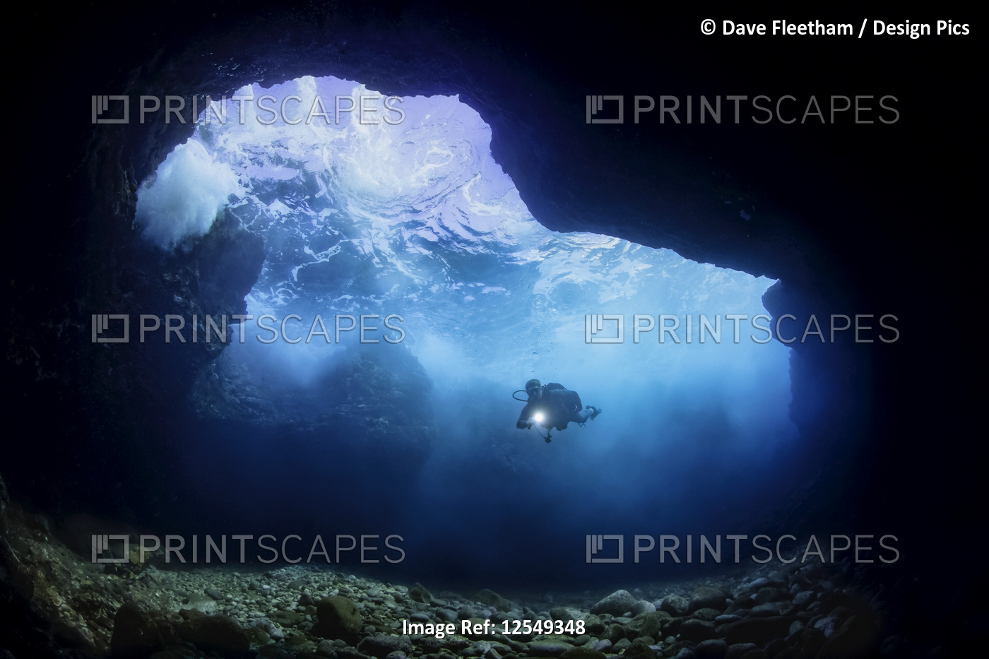 Diver inside a shallow tide pool canyon off the backside of Lanai near ...