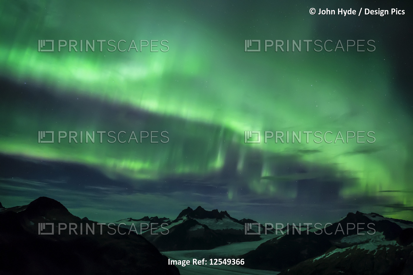 Northern Lights glowing over the Juneau Icefield, Tongass National Forest; ...