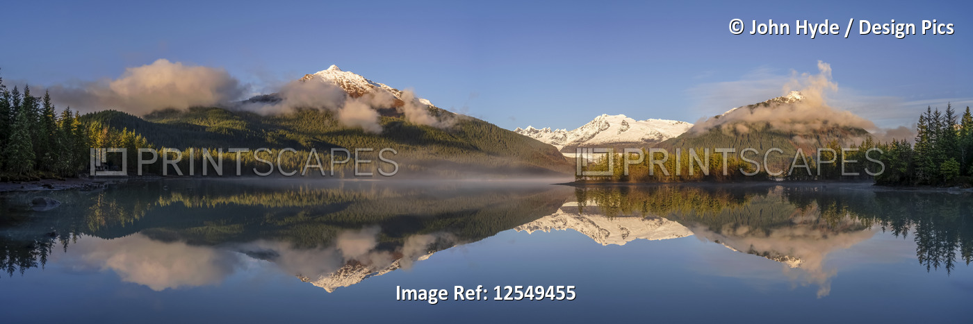 Scenic panorama of Mendenhall Lake in fall,  Southeast Alaska; Alaska, United ...