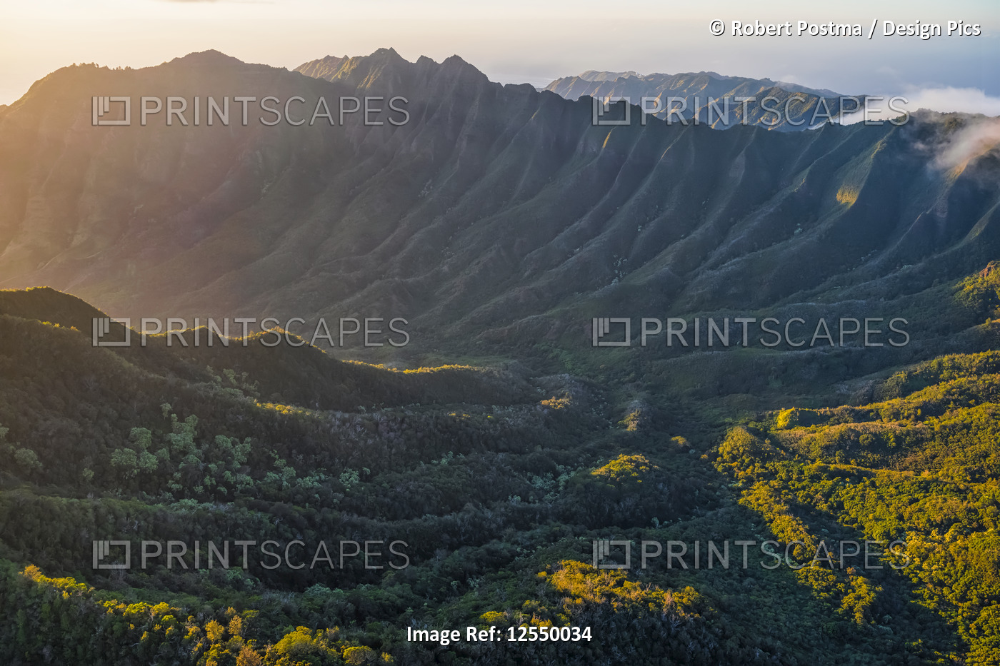 Aerial image of the lush mountains surrounding Oahu; Oahu, Hawaii, United ...