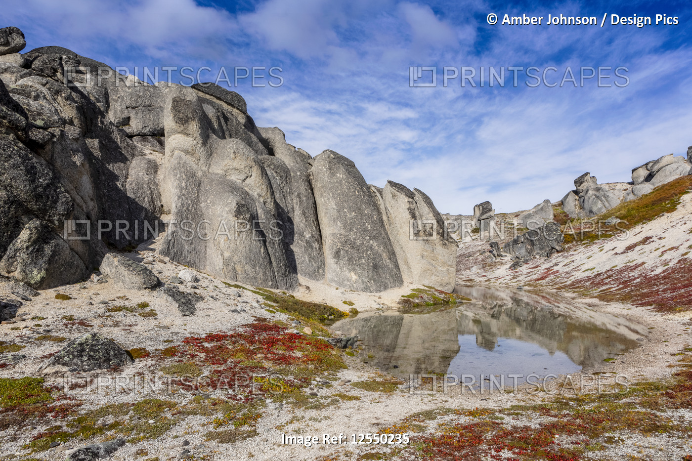 Giant rocks reflect in pond along the Kesugi Ridge Trail, Denali State Park in ...