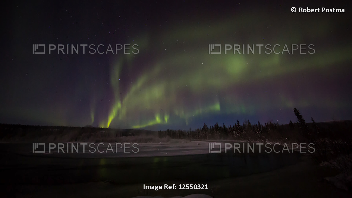 Northern Lights moving across the night sky above a winter landscape; Mayo, ...