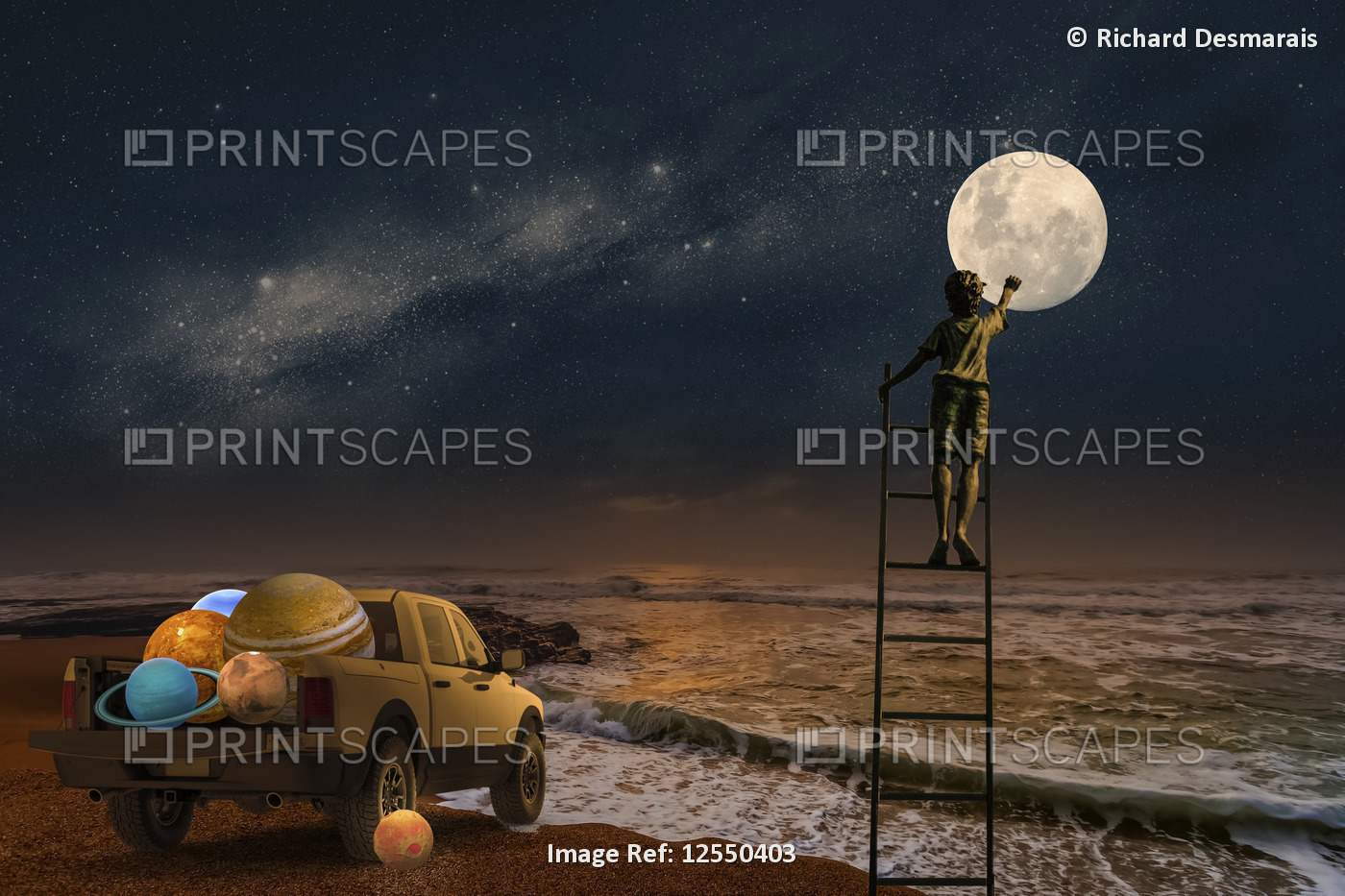 Composite image of a boy standing on a ladder touching the moon with a pickup ...