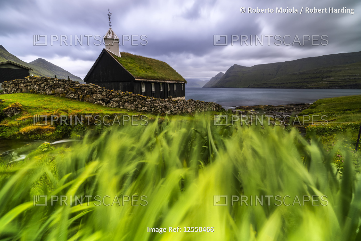 Church with traditional grass roof oceanfront, Funningur, Eysturoy island, Faroe Islands, Denmark
