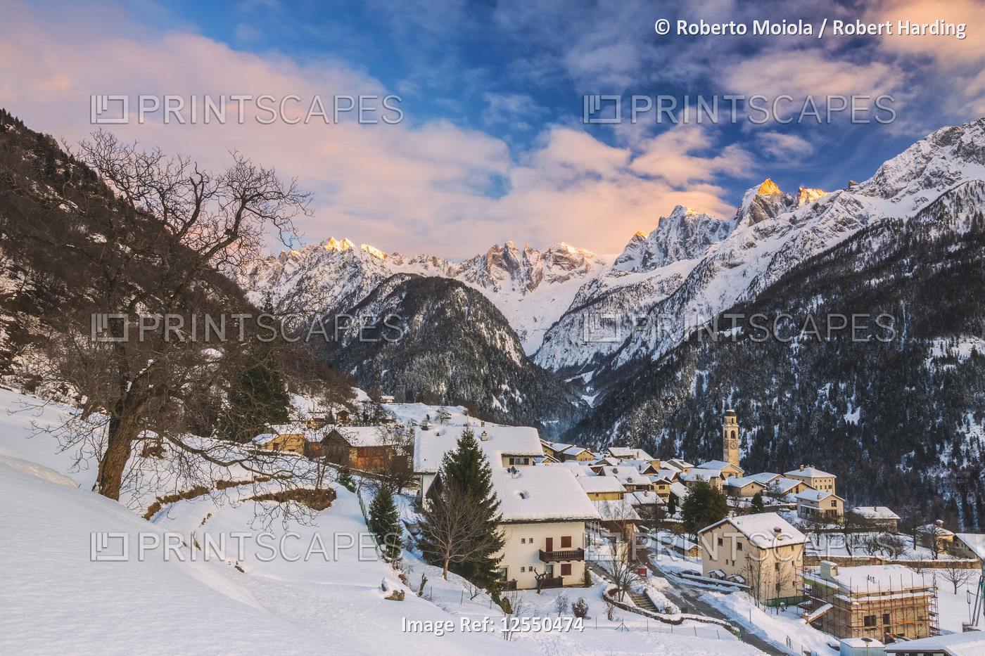 Alpine village of Soglio covered with snow, Bregaglia Valley, Maloja Region, Canton of Graubunden, S