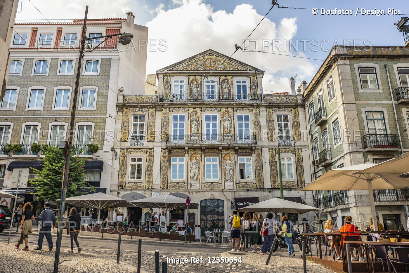 Pedestrians and patios in a town square, Bairro Alto, Lisbon; Lisbon, Portugal