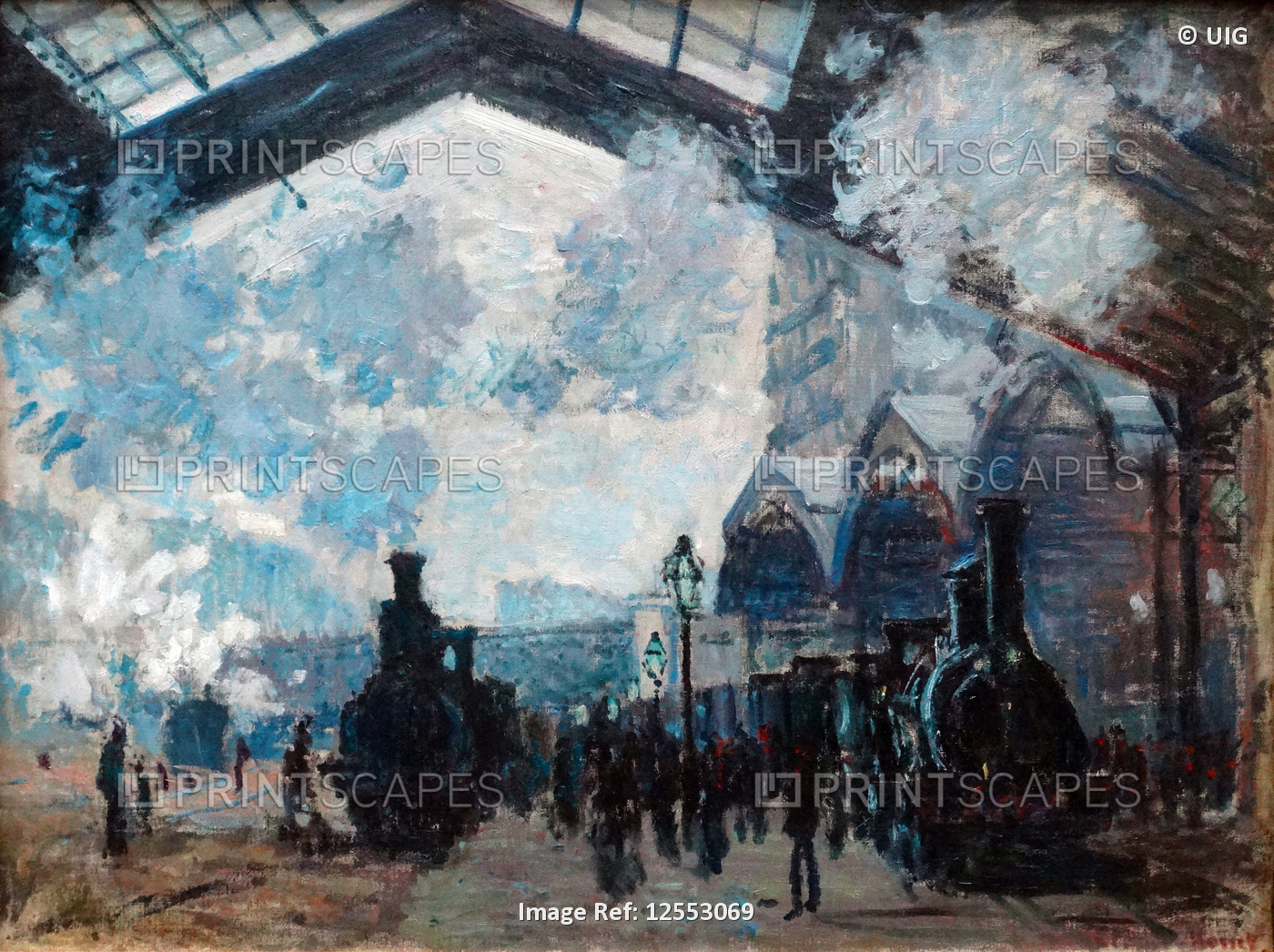 Painting titled 'The Gare Saint-Lazare' by Claude Monet, dated 1877