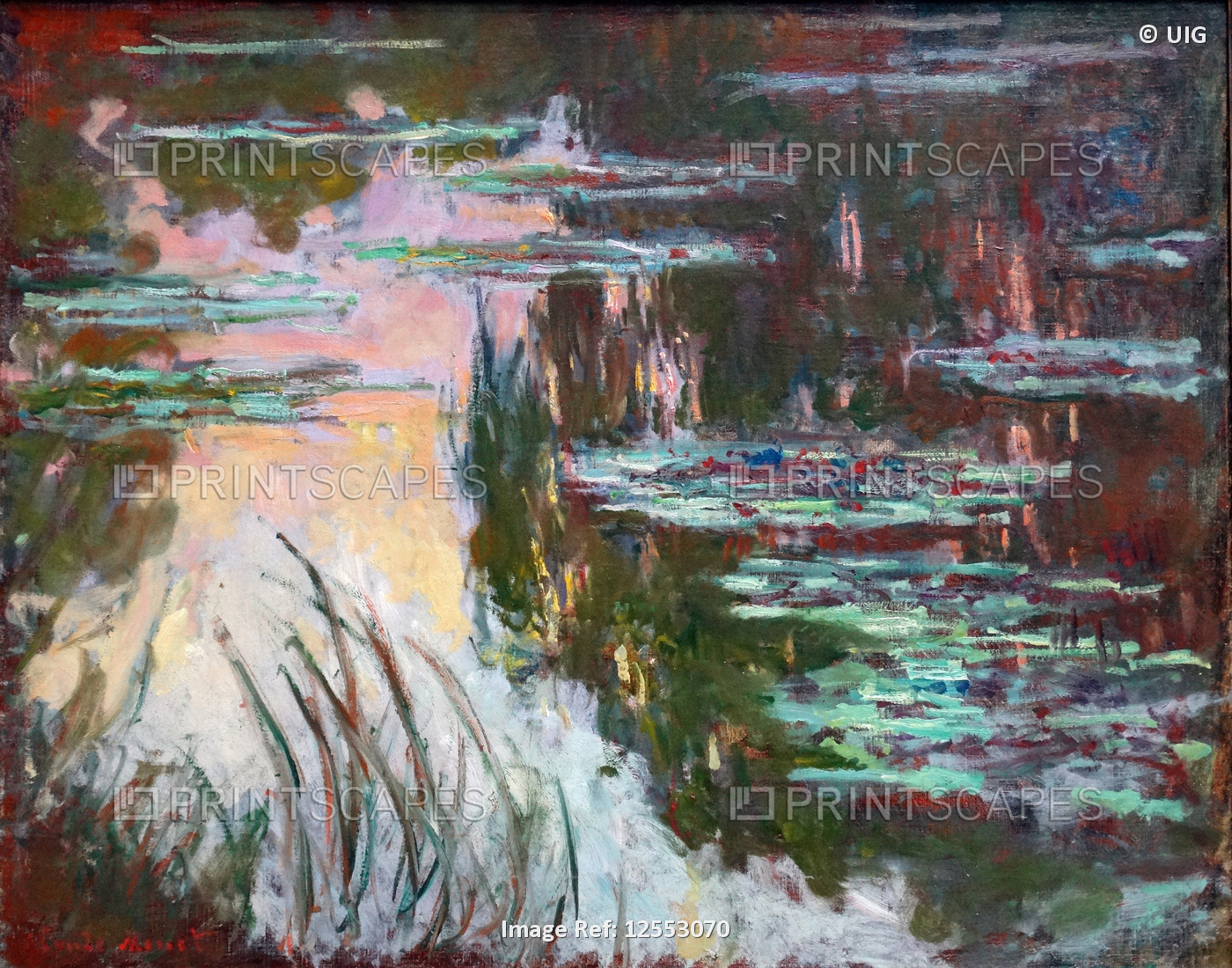Painting titled 'Water Lilies, Setting Sun' by Claude Monet, dated 1907