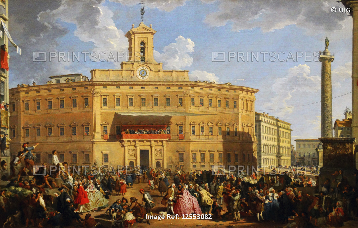 Painting titled 'The Lottery in Piazza di Montecitorio' by Giovanni Paolo Panini, 18th century