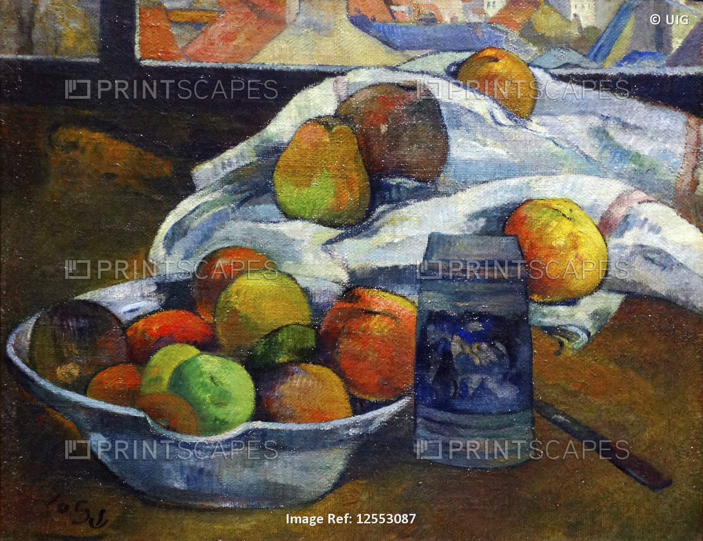 Painting titled 'Bowl of Fruit and Tankard before a Window' by Paul Gauguin