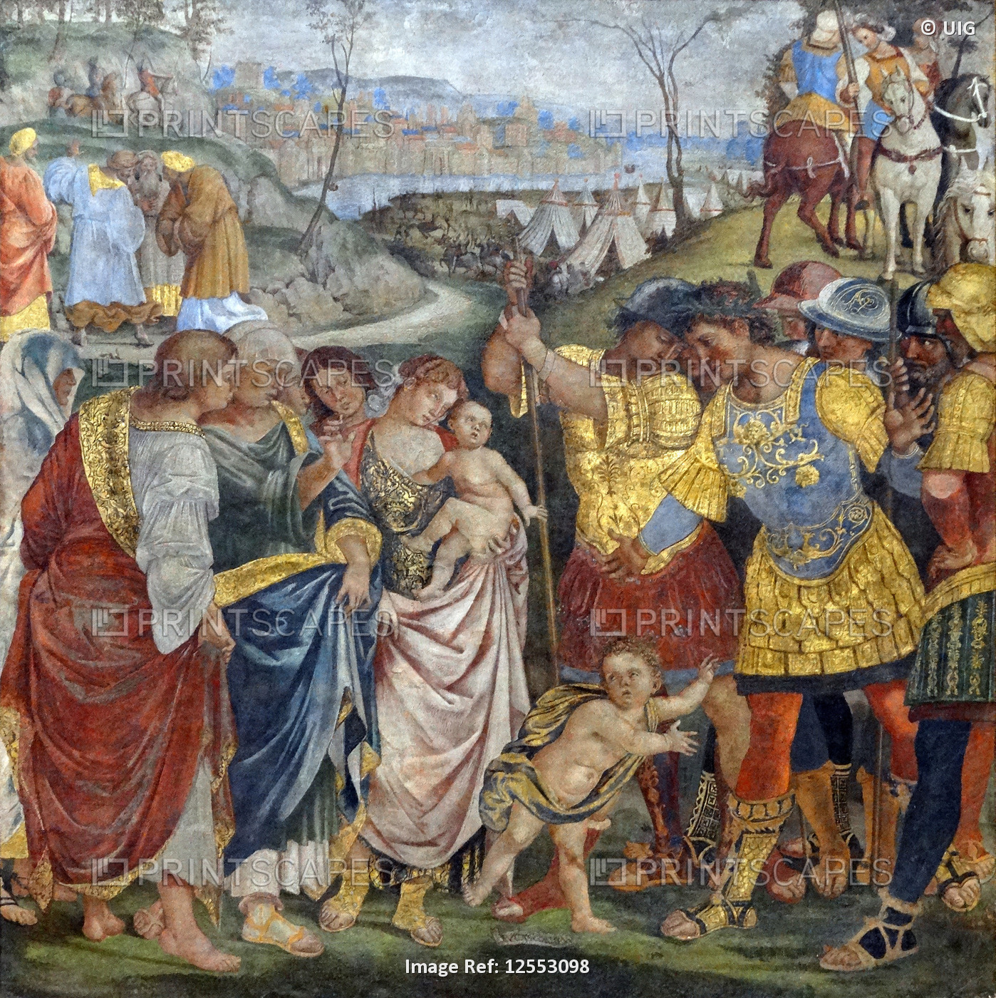Painting titled 'Coriolanus persuaded by his Family to spare Rome' by Luca Signorelli, 16th century