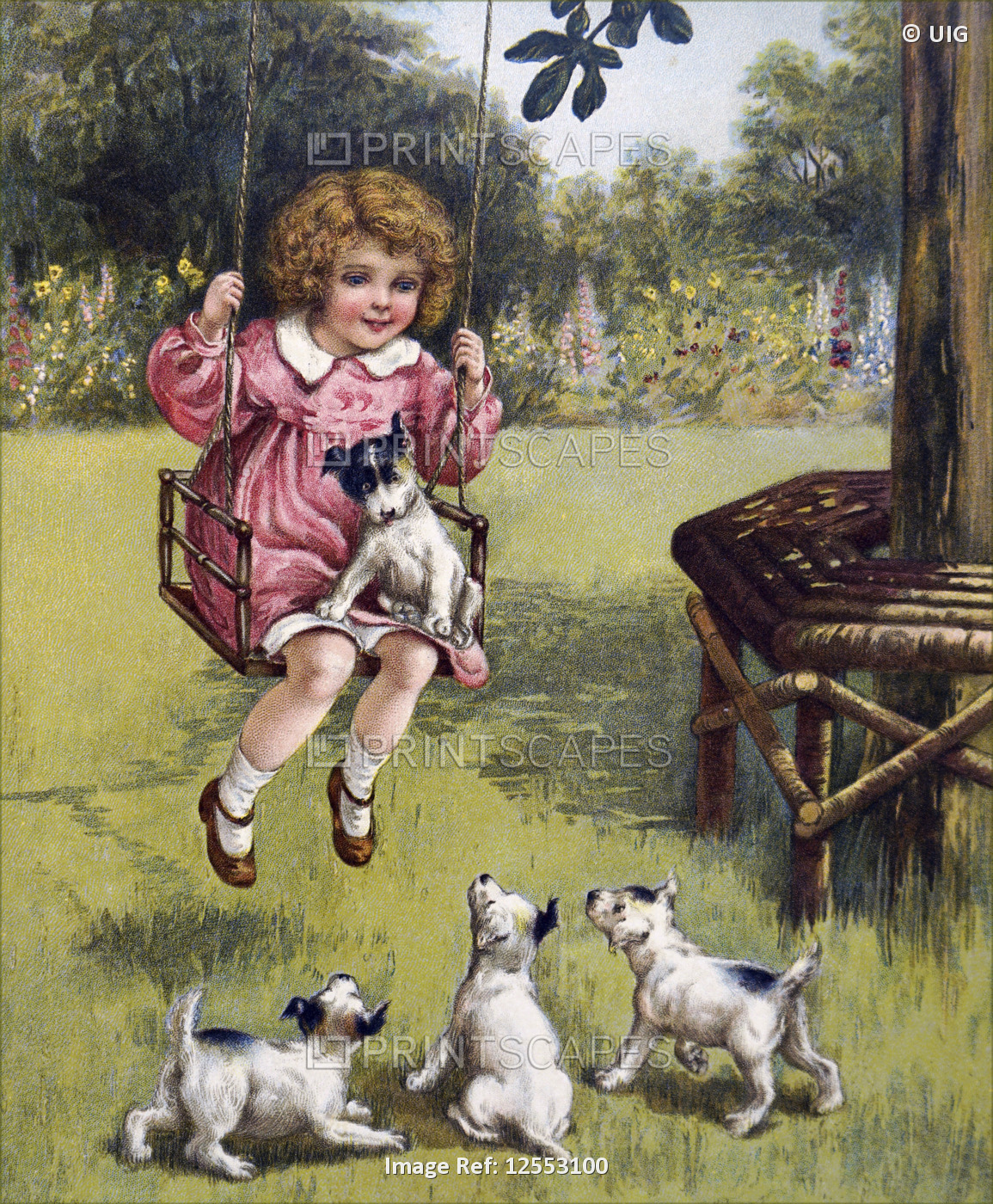 Painting depicting a young girl with her puppies, 20th century