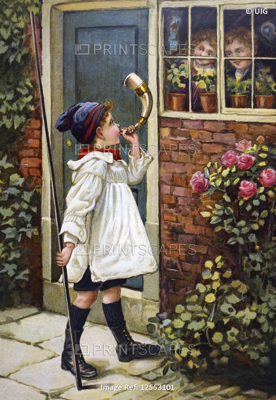 Painting depicting a young boy blowing a horn outside of his home, 20th century