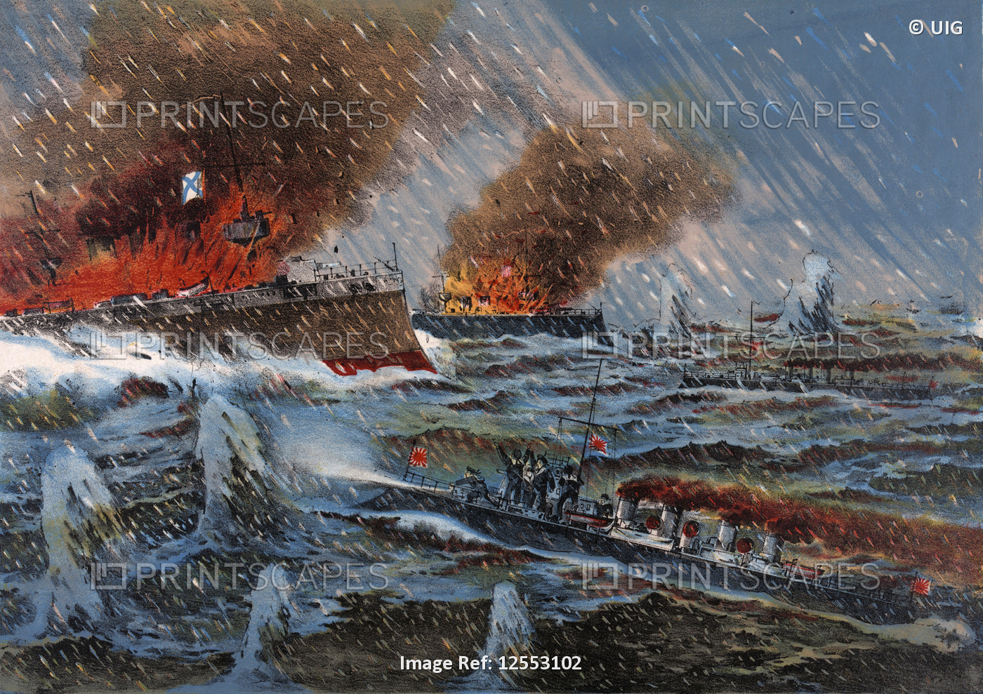 Japanese naval forces fighting the Russian Menofwar in a stormy sea, 1904