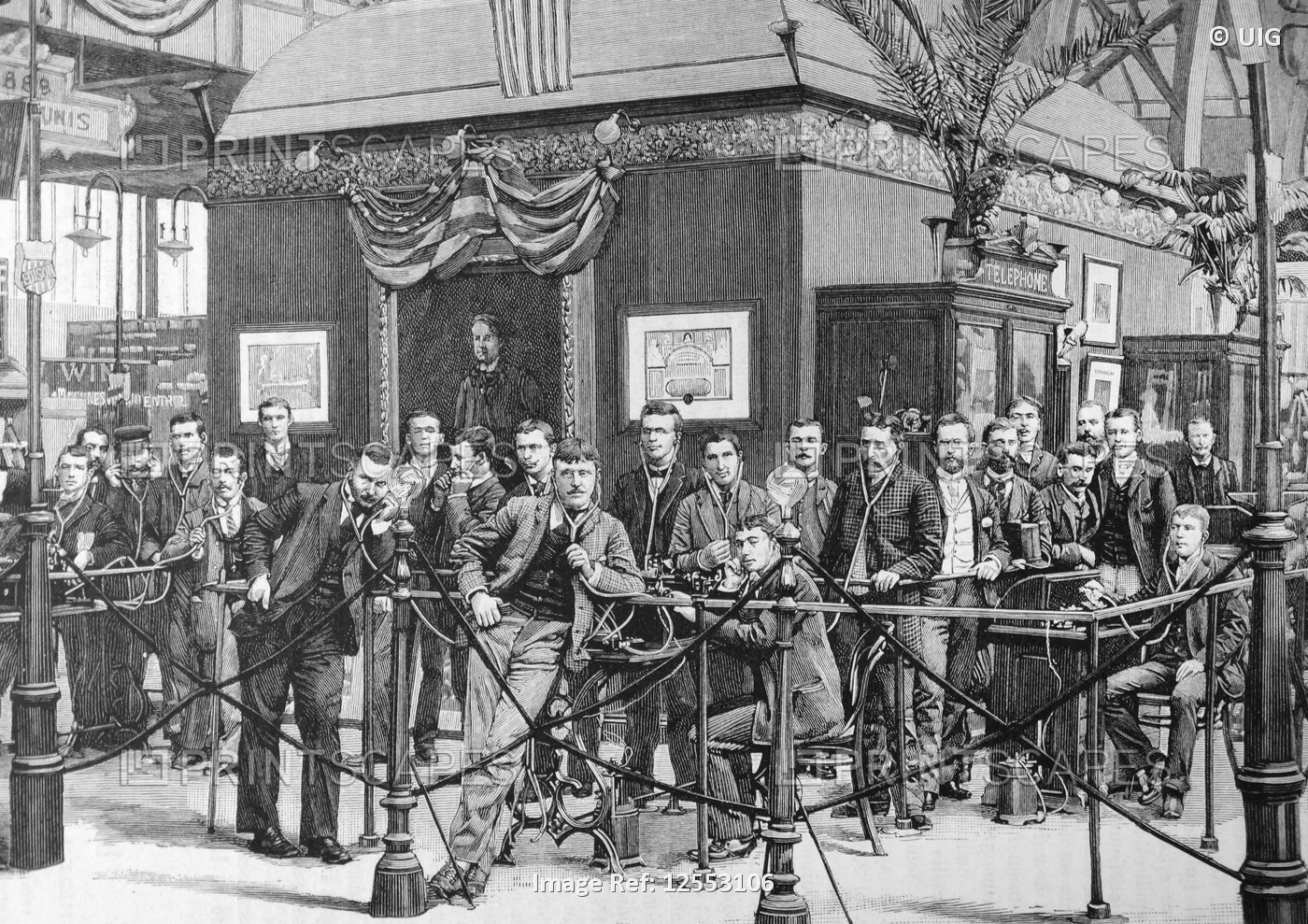 Public demonstration of Edison's phonograph at the Paris International Exposition of 1889