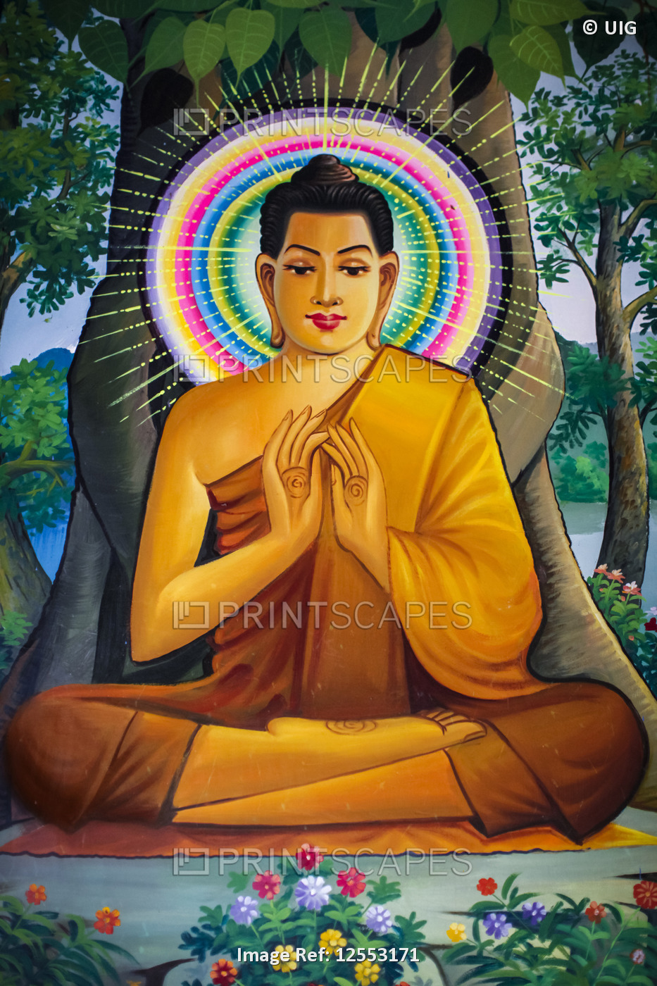 Painting depicting a sitting Buddha in Wat Than