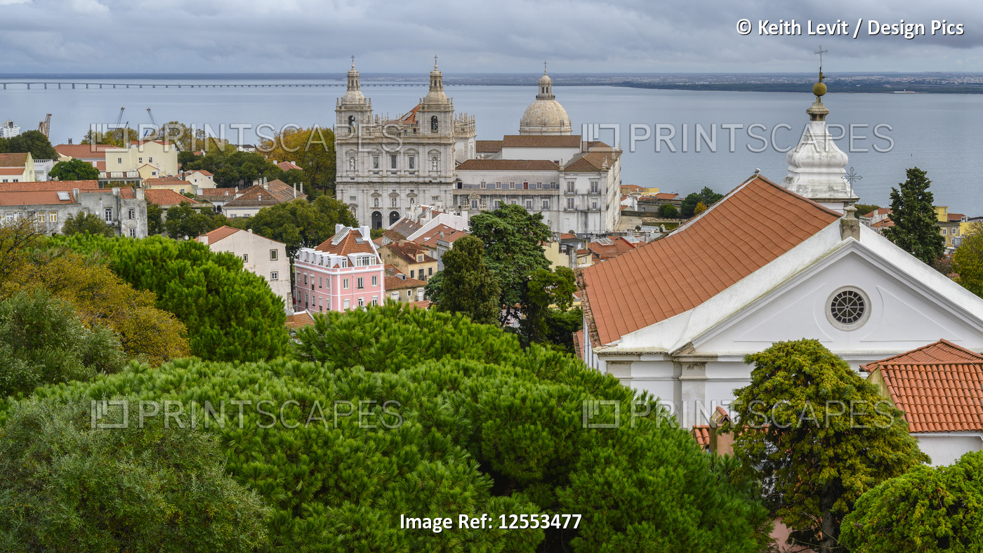 Overlooking the city of Lisbon from millennium-old walls of St. George's ...