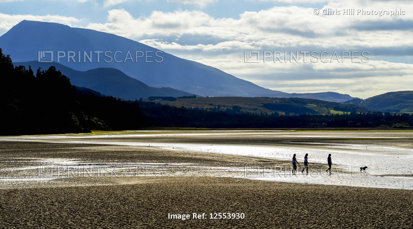 People with a dog walking along a pebble beach, Ards Forest Park and Muckish ...