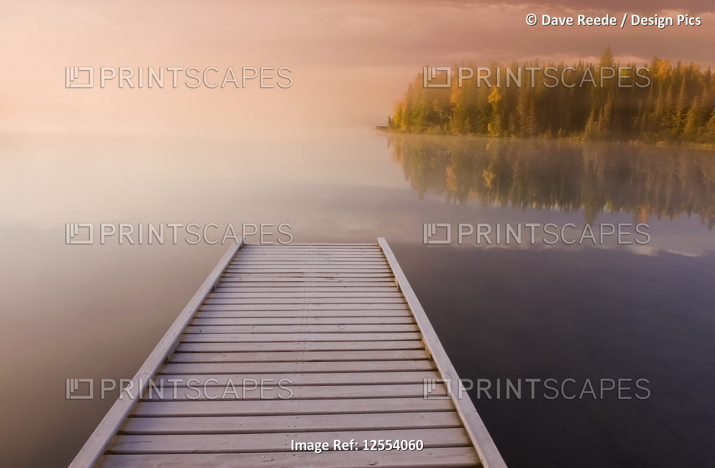 Frost covered dock at sunrise, Glad Lake, Duck Mountain Provincial Park; ...