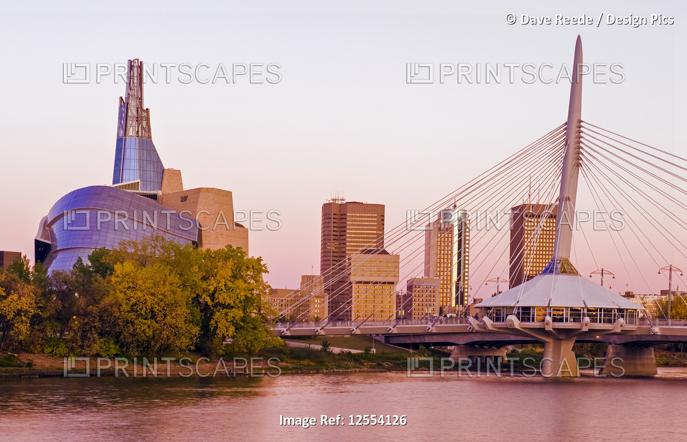 Winnipeg skyline from St. Boniface showing the Red River, Esplanade Riel Bridge ...