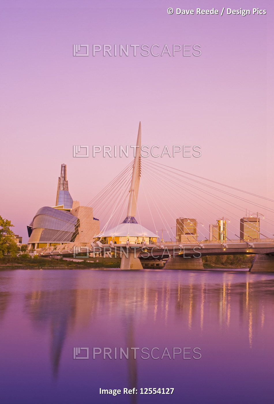 Winnipeg skyline from St. Boniface showing the Red River, Esplanade Riel Bridge ...