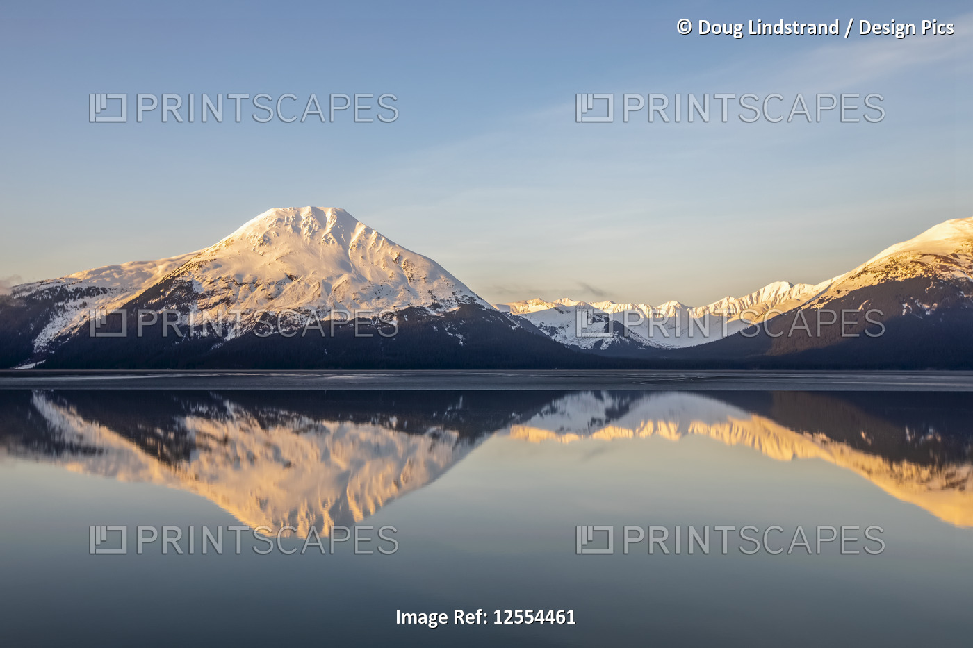 Turnagain Arm, South of Anchorage, Alaska in the morning. Ocean waters are calm ...