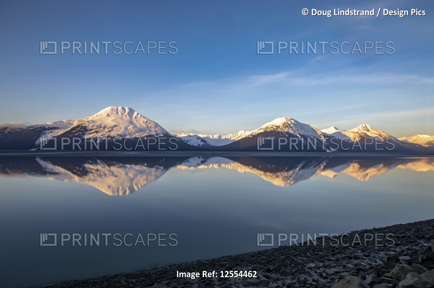 Turnagain Arm, South of Anchorage, Alaska in the morning. Ocean waters are calm ...