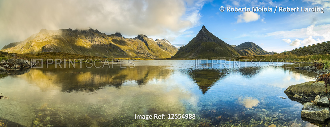 Panoramic of mount Volanstinden and fjord, Fredvang, Nordland county, Lofoten Islands, Norway