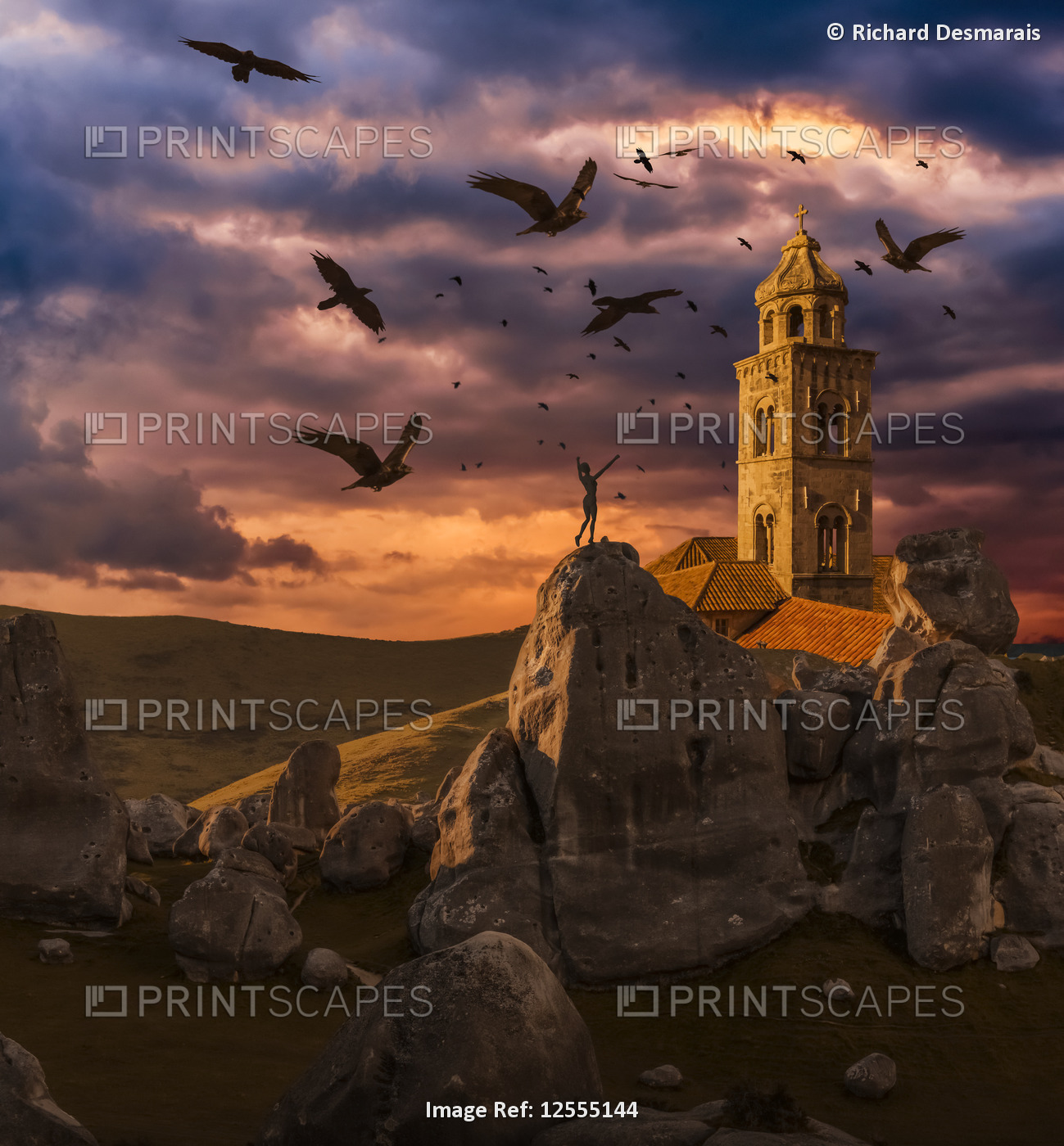 Crows flying towards a church tower with a wooden human mannequin laying on the ...