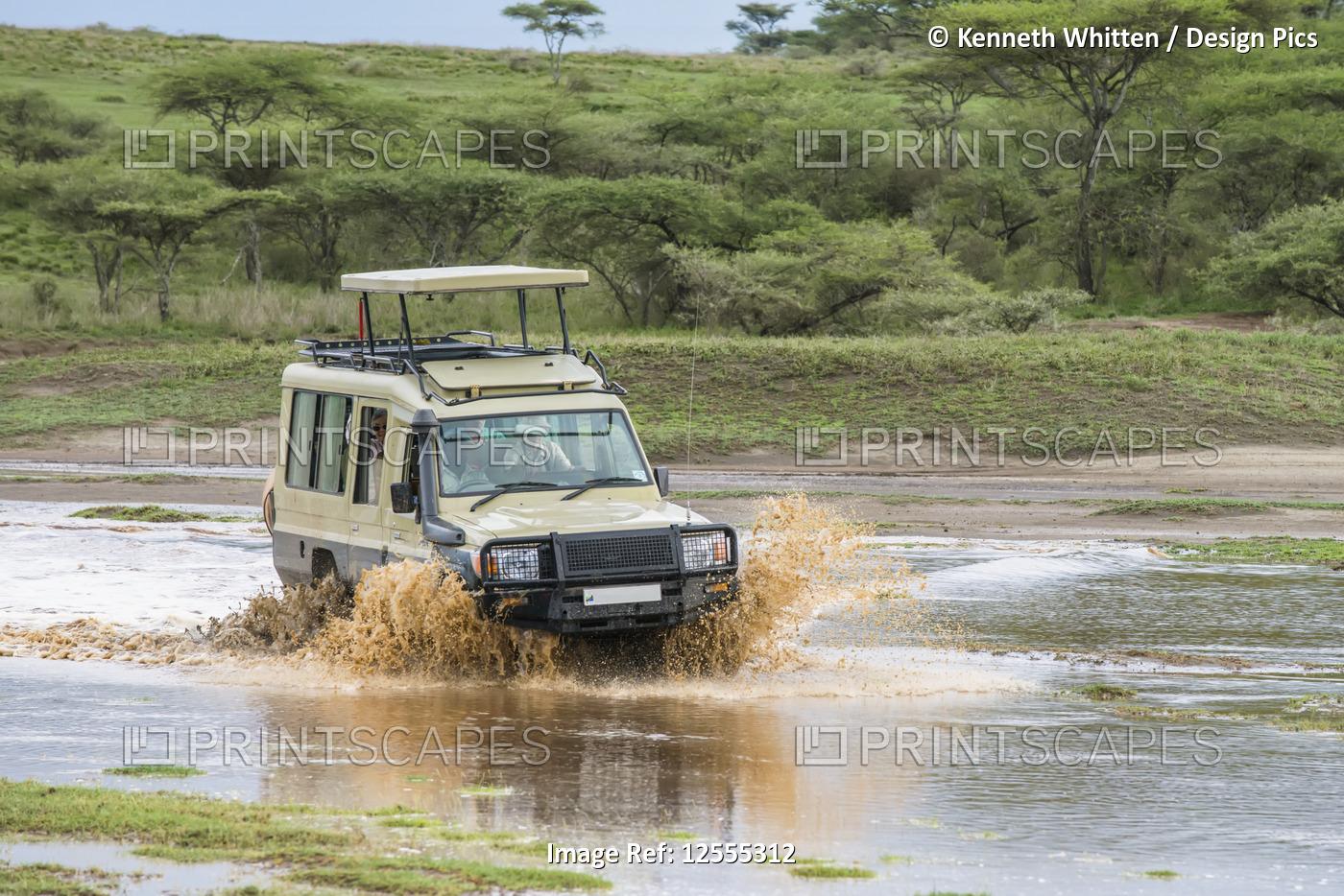Safari vehicle splashes through flooded gully, Ngorongoro Conservation Area, Tanzania