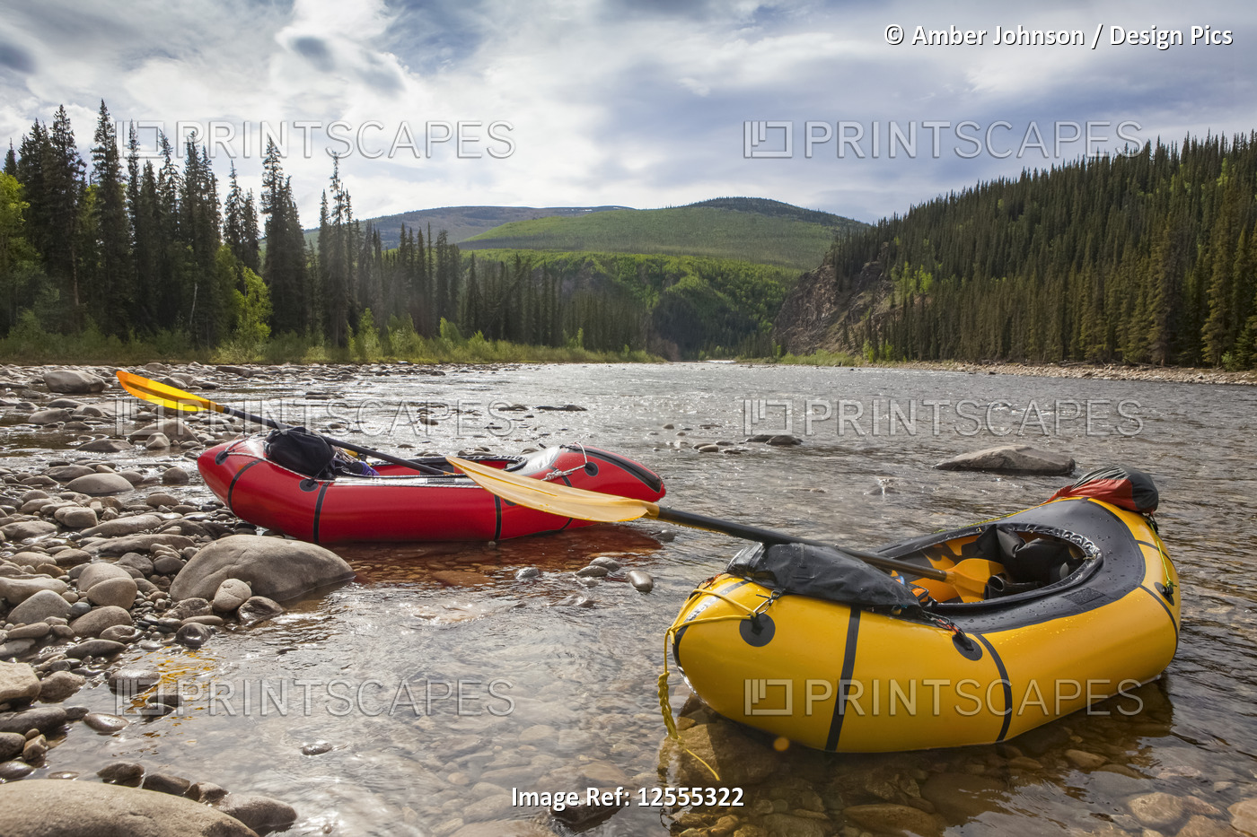 Two pack rafts rest on shore on the Charley River in summer, Yukon–Charley ...