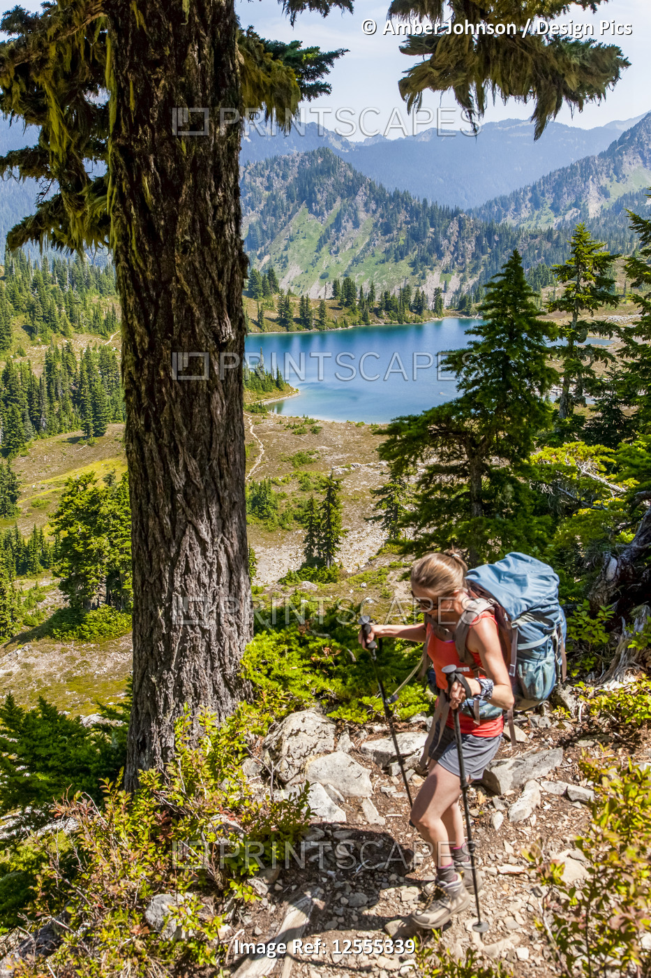 Female backpacker on High Divide Trail with view of Lunch Lake in summertime, ...