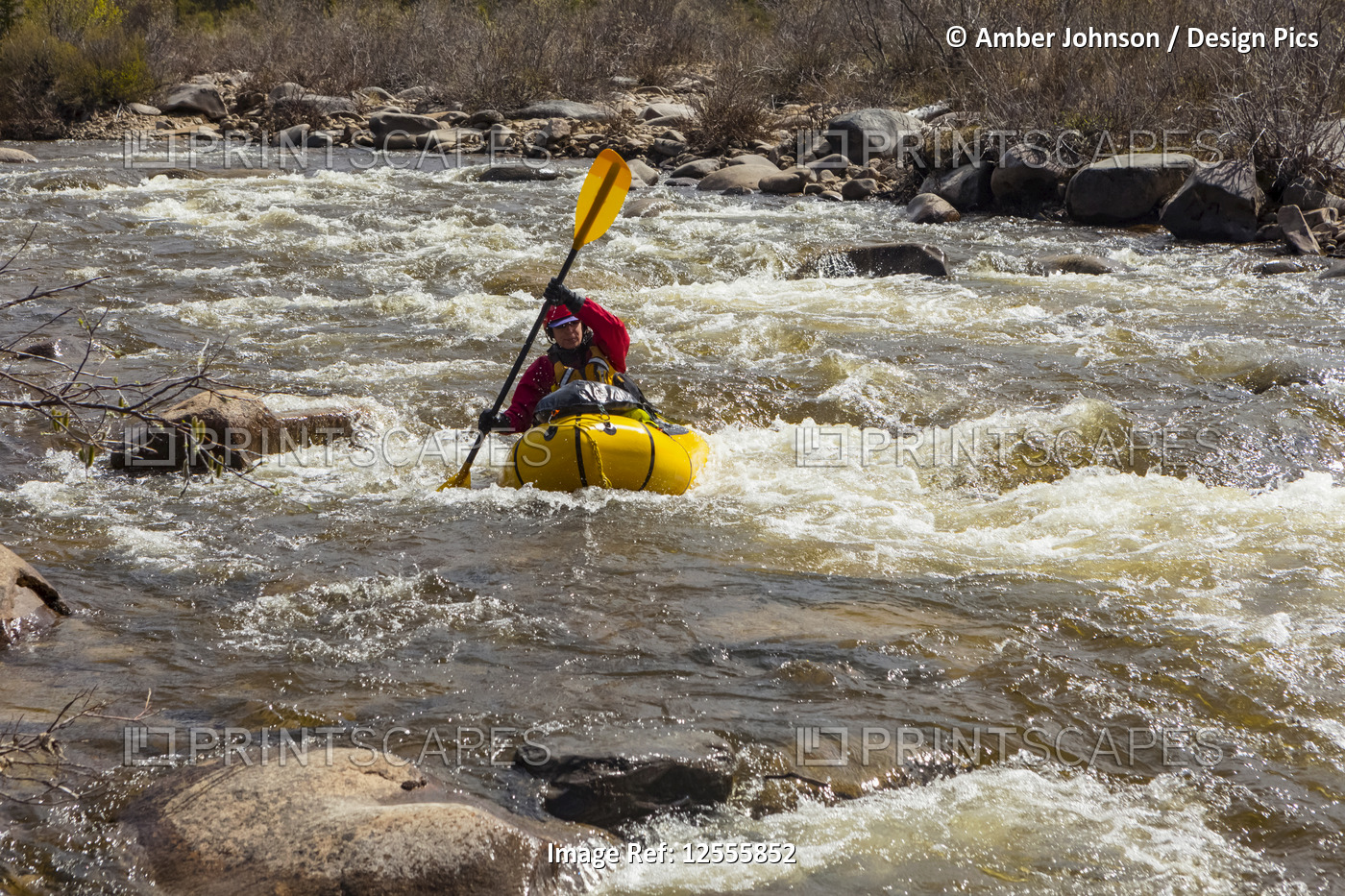 Female packrafter negotiating a technical rapid on the tributary of the Charley ...